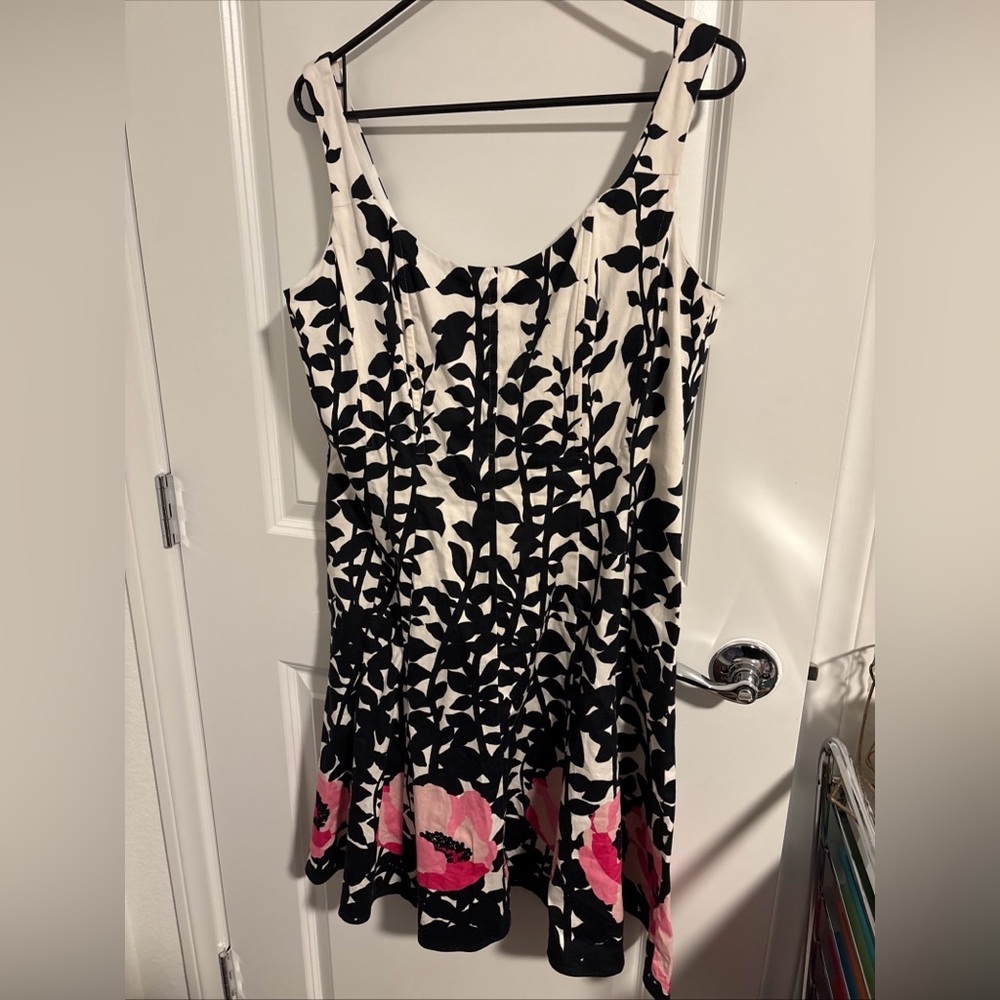 Nine West Sleeveless Corset Dress Black/white/pink Floral Border Fit Flare 12